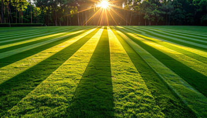 Sunburst effect over a striped green lawn on a golf course during early morning light sunlight