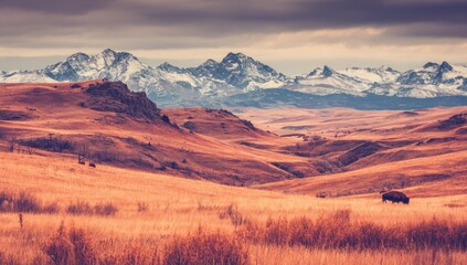 Expansive prairie with a distant mountain range and a bison roaming free