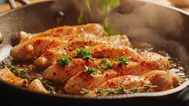 Cooking process of poultry in a pan close up with seasoning