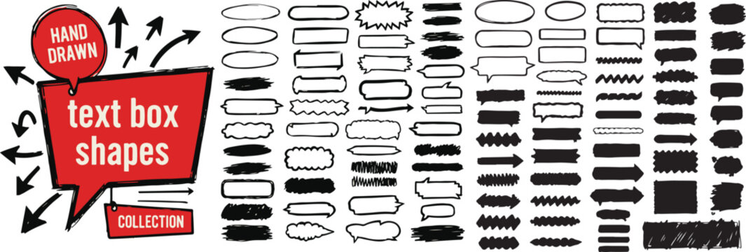 Hand drawn crayon style text box vector set with rectangle and round shapes, grunge pencil sketch texture and doodle outline elements.eps