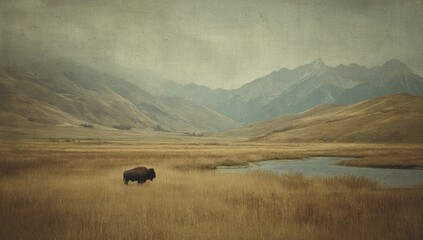 A solitary bison stands in a grassy plain, with mountains and cloudy skies in the background