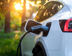 White electric car charging port connected to a charger amidst lush green foliage and trees