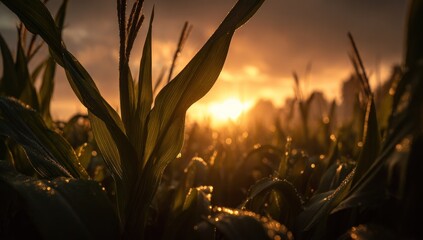 Golden hour sunrise illuminates a cornfield, with dew drops on leaves
