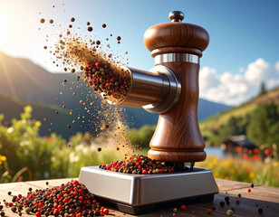 Wooden pepper mill grinding peppercorns outdoors with a pile of spices and a scenic mountain view