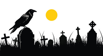 Obraz premium Vector illustration of a raven perched on a tombstone under the moon, creating gothic horror atmosphere in elegant flat vector illustration style