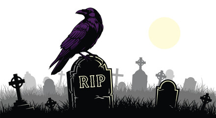 Obraz premium Vector illustration of a raven perched on a tombstone under the moon, creating gothic horror atmosphere in elegant flat vector illustration style