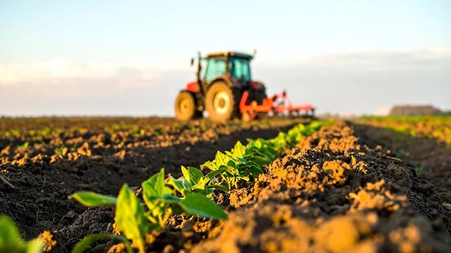 A field of newly planted crops in rows with a tractor working the land in the distance