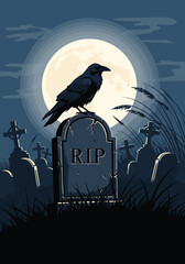 Obraz premium Vector illustration of a raven perched on a tombstone under the moon, creating gothic horror atmosphere in elegant flat vector illustration style