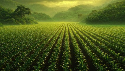 Lush green crop rows stretch into a valley, mountains in the distance, bathed in sunlight