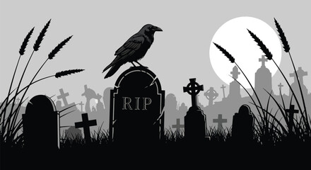 Obraz premium Vector illustration of a raven perched on a tombstone under the moon, creating gothic horror atmosphere in elegant flat vector illustration style