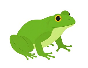 A cartoon green frog stands, side view, with yellow eyes, isolated against a stark white background