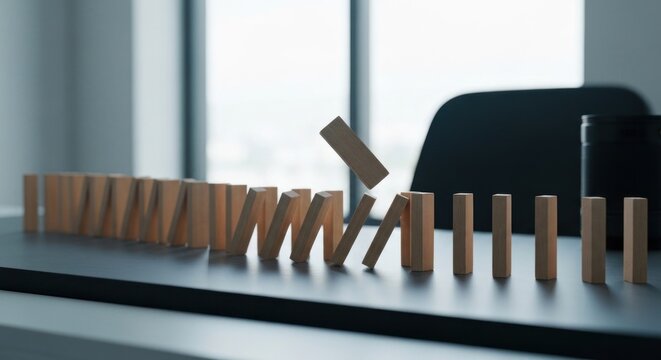 Wooden blocks set up in a domino effect, falling one after another on a dark surface