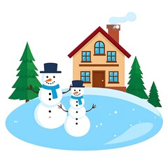A cartoon image of two snowmen standing in front of a house surrounded by pine trees on a snowy field