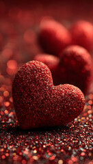 Fototapeta premium valentines day hearts and shiny glitter red vertical background, love and passion 14 February and anniversary social media design element