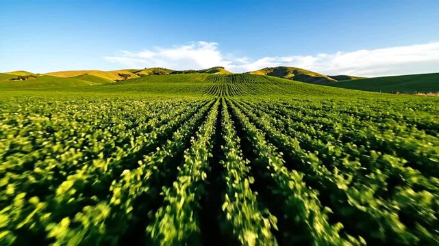A vibrant field of crops stretches toward rolling hills under a bright blue sky