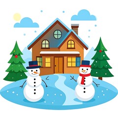 A cartoon winter scene with two snowmen standing in front of a brown house with two Christmas trees