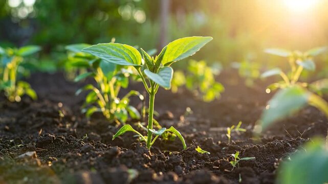 Close-up of young, vibrant green plants growing in rich, dark soil, illuminated by warm sunlight