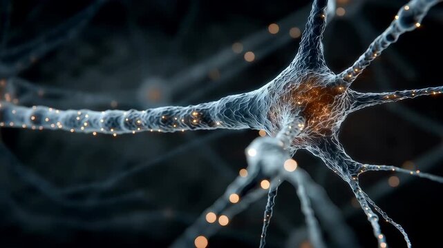 Glowing Neuron Synapse Network Close-Up with Electric Signals in Dark Background
