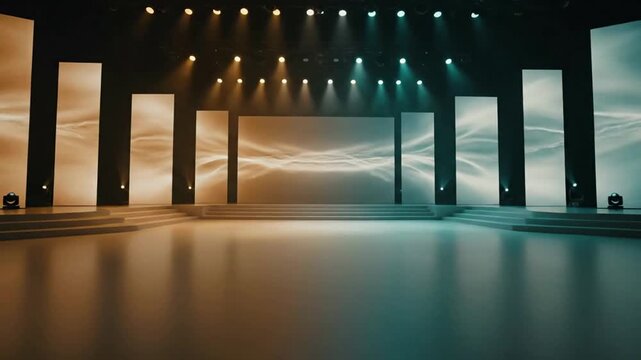 Modern empty stage with illuminated screens and spotlights.