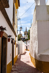 Obraz premium Beautiful narrow cobblestone Rua de Santa Maria street in the traditional village of Nisa, in Alentejo, Portugal