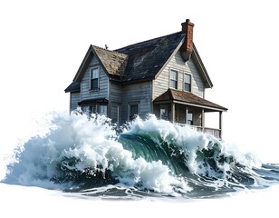A weathered, gray house is besieged by a powerful wave, isolated against a white background