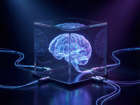 Glowing digital brain inside a glass cube connected by fiber optic cables - Powered by Adobe