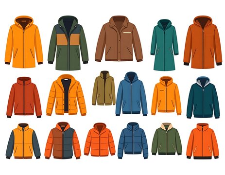 Assortment of cartoon jackets, including hooded, zipped and buttoned styles, in various colors and designs