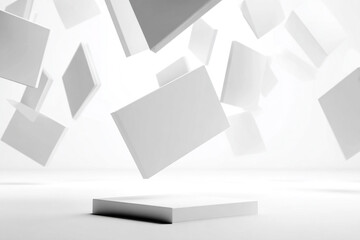 Geometric shapes floating in modern minimalist space