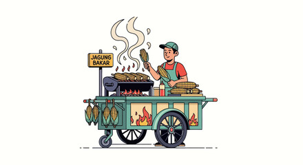 Street vendor grilling corn on a colorful cart with steaming food. © Berkah