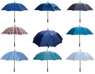 Assortment of opened umbrellas in various shades of blue and patterns, set against a clean white background