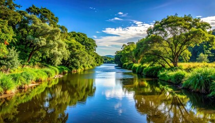 Fototapeta premium Serene River Landscape with Lush Green Trees.