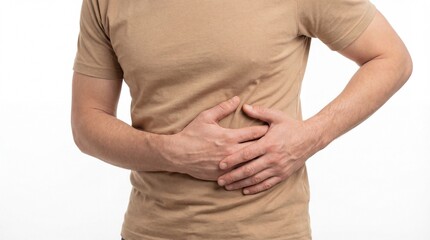 Man in pain holding his side possibly liver or spleen.