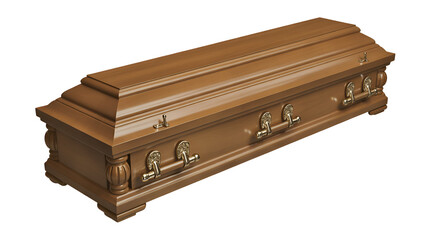 Fototapeta premium Brown wooden coffin with brass handles and ornate details funeral casket with classic design and rich wood texture isolated on transparent white background