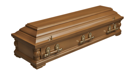 Brown wooden coffin with brass handles and ornate details funeral casket with classic design and rich wood texture isolated on transparent white background