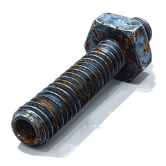 A weathered, threaded bolt with a hexagonal head, showing rust and signs of wear on a white surface