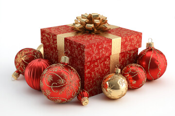 Beautifully decorated Christmas gift with elegant red and gold ornaments