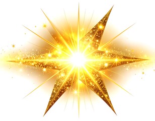 A shimmering, golden, four-pointed starburst shining brilliantly with glittering particles and bright rays on white