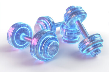 Glowing blue dumbbells for futuristic fitness and technology concepts