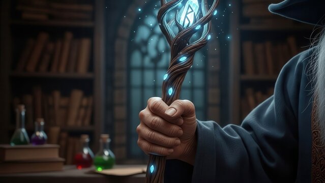 Magical fantasy scene with glowing wand.