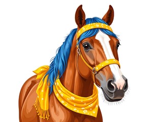 Obraz premium A digital illustration of a horse with blue mane/forelock wearing a yellow scarf with floral print