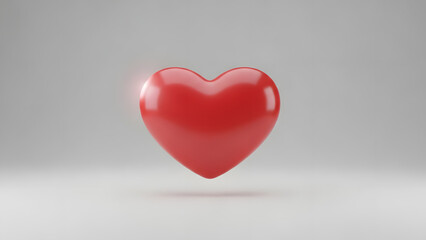 Fototapeta premium A glossy red heart symbol isolated on a clean, light grey studio background with subtle lighting and reflections