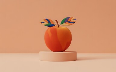 Vibrant orange apple with colorful leaves on modern pedestal