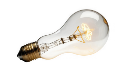 Classic incandescent light bulb glowing with a visible tungsten filament design lying on its side on transparent background