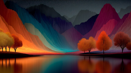 A surreal lake scene with vivid mountains and autumn trees reflects fantasy and nature in a mosaic of color and calm.