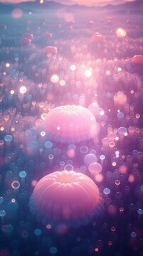 Dreamy Bokeh Lights and Jellyfish Field at Sunset.