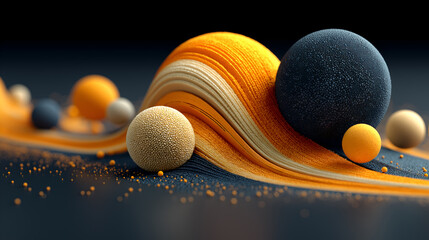 A visually rich abstract composition featuring textured spheres in warm tones arranged along a flowing, ribbon-like structure. 