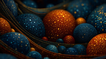 A cluster of glowing, veined spheres connected by thin filaments evokes a stylized molecular or crystalline structure.