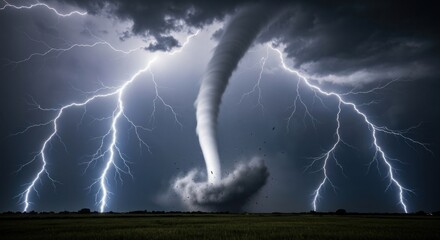 A towering tornado descends amid fierce lightning strikes across a dark stormy sky