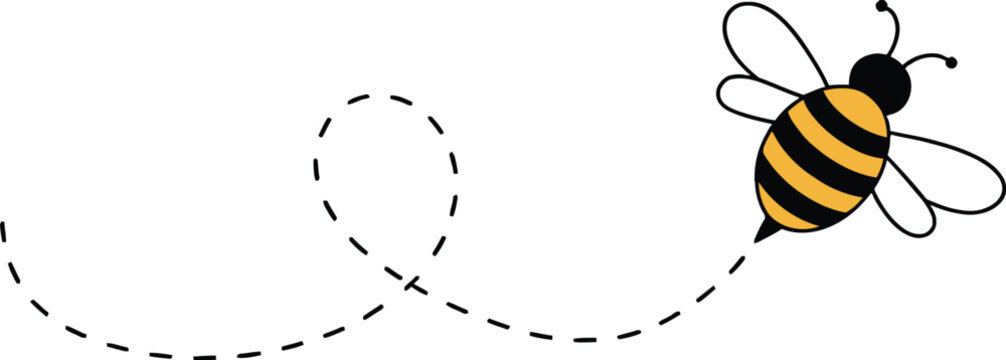 Cute cartoon bee flying with a dashed line trail white insect