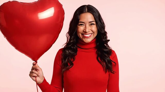 Happy young woman holding a red heart-shaped balloon on a pink background.